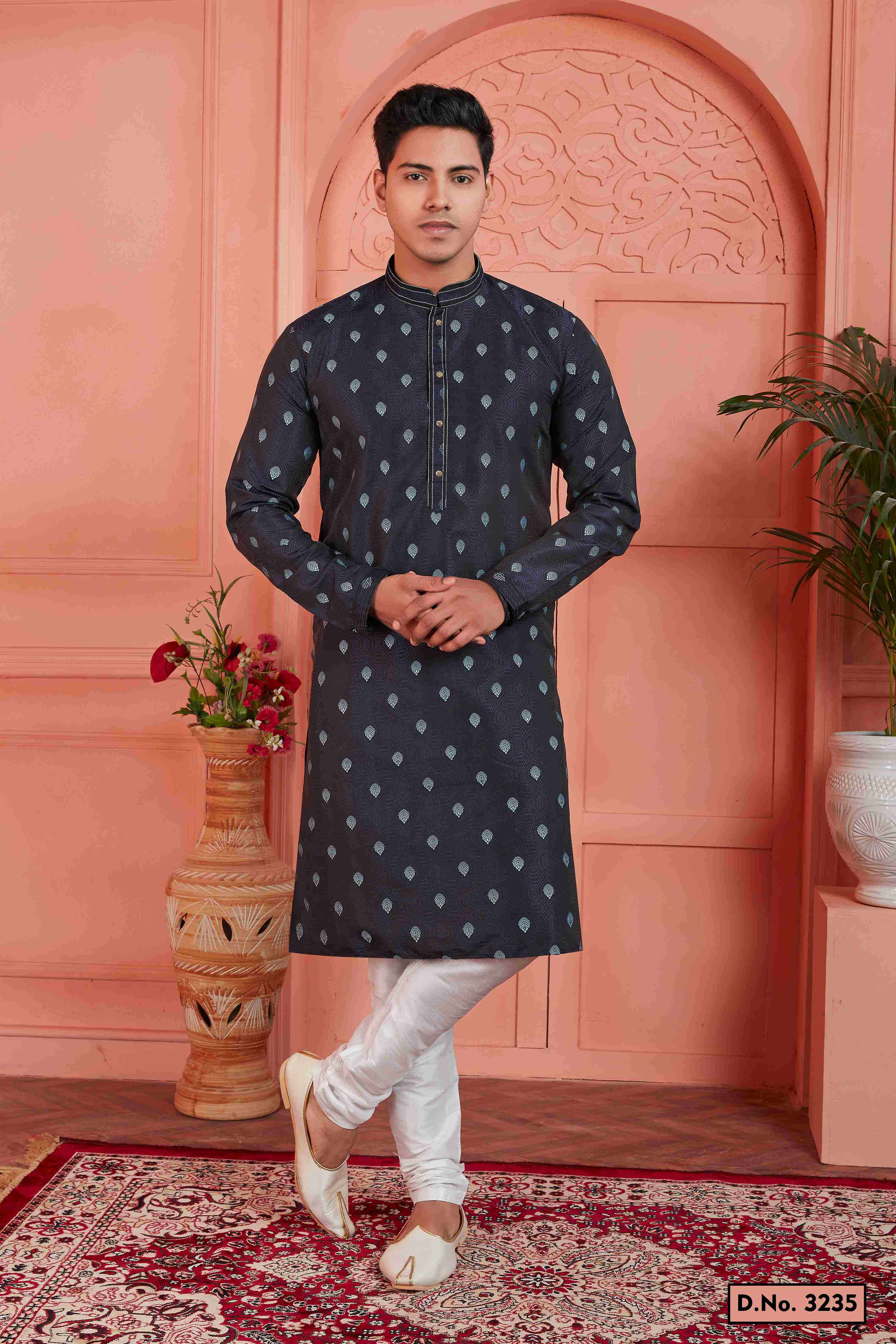 Raivat Ethnic Men's Jacquard Silk Brocade Pintux Work Kurta Pyjama In Blue Colour