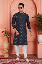 Thumbnail for Raivat Ethnic Men's Jacquard Silk Brocade Pintux Work Kurta Pyjama In Blue Colour