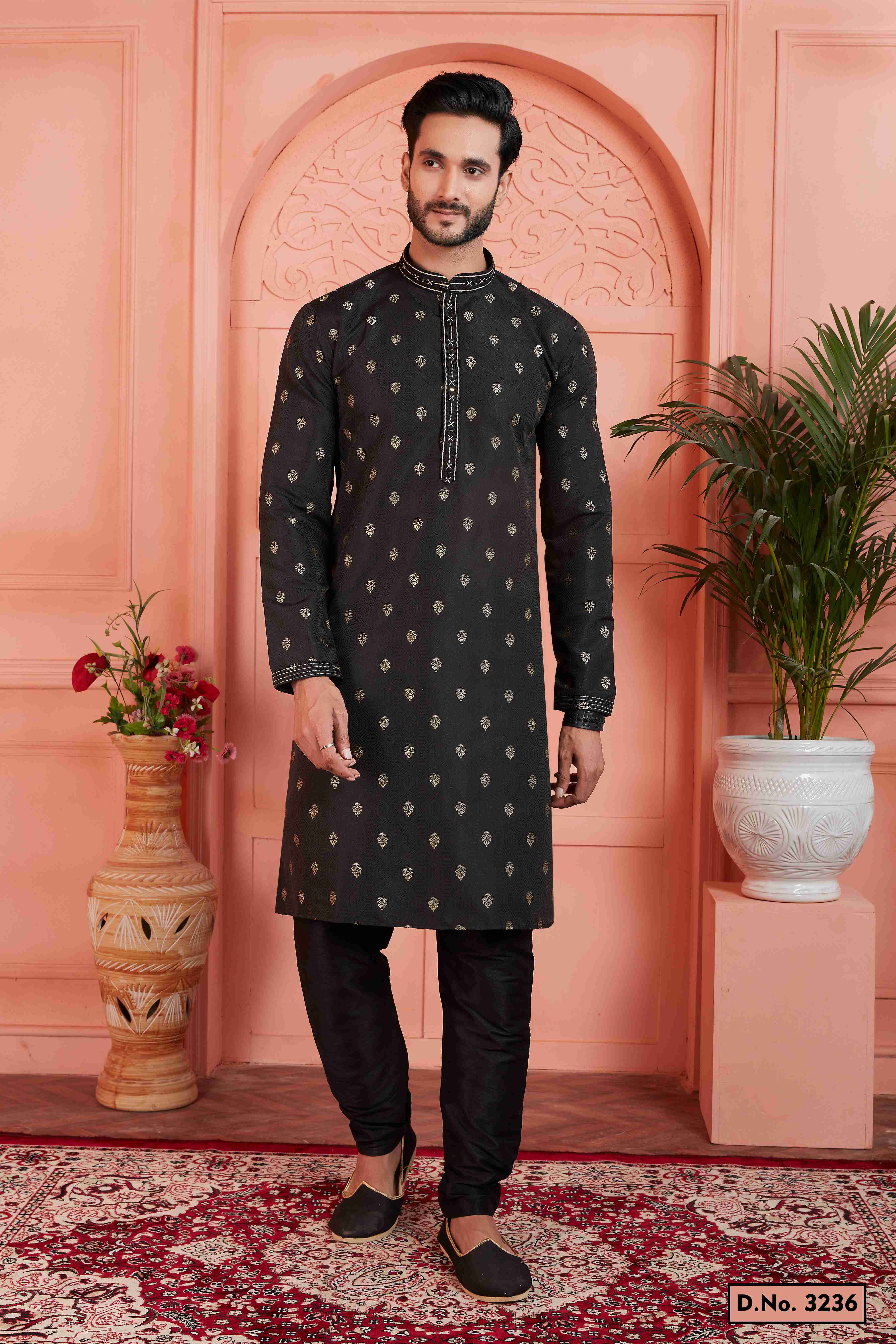 Raivat Ethnic Men's Jacquard Silk Brocade Pintux Work Kurta Pyjama In Black Colour