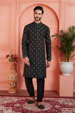 Thumbnail for Raivat Ethnic Men's Jacquard Silk Brocade Pintux Work Kurta Pyjama In Black Colour
