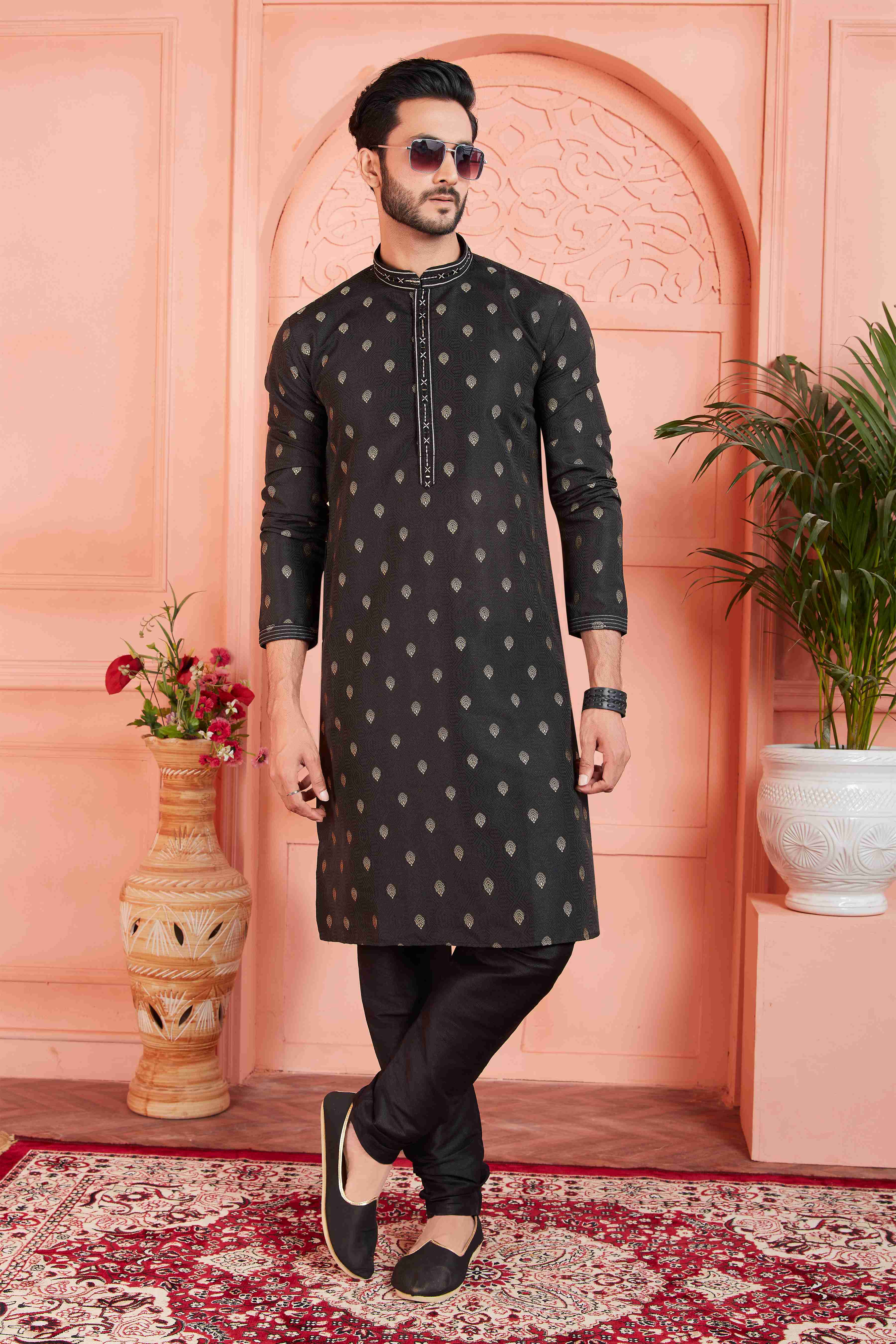 Raivat Ethnic Men's Jacquard Silk Brocade Pintux Work Kurta Pyjama In Black Colour