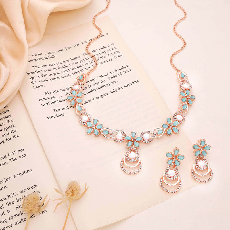 Tehzeeb Creations Rose Gold-Polished Sky Blue Colour Necklace With Stud - Distacart