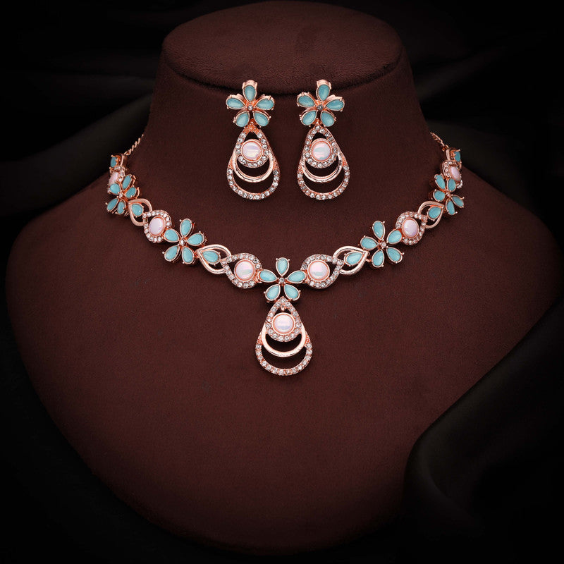 Tehzeeb Creations Rose Gold-Polished Sky Blue Colour Necklace With Stud - Distacart