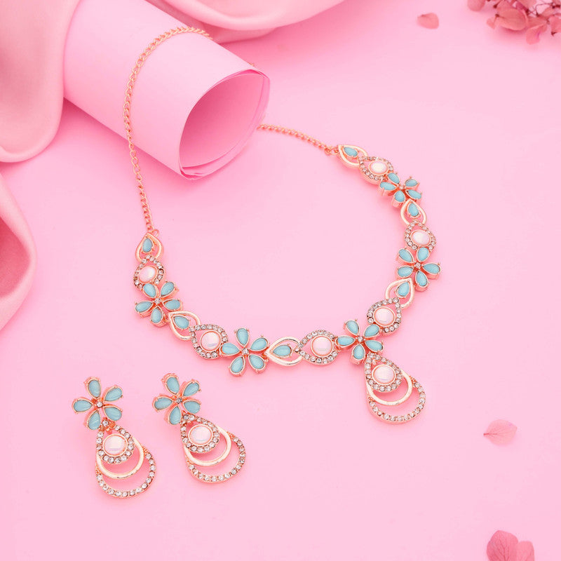 Tehzeeb Creations Rose Gold-Polished Sky Blue Colour Necklace With Stud - Distacart
