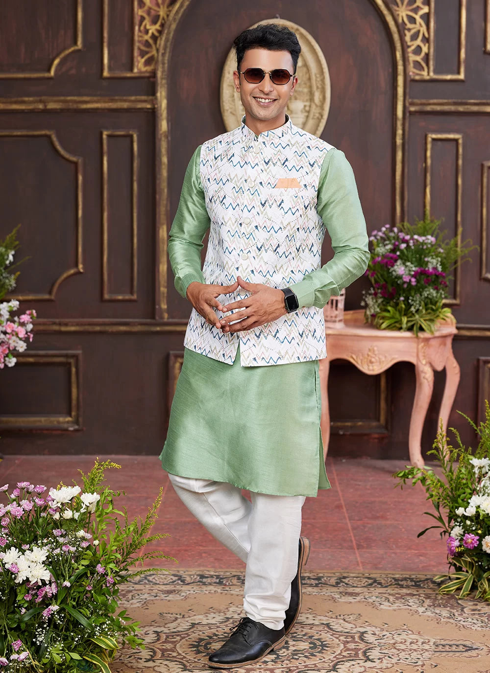 Raivat Ethnic Art Silk Digital Print Work Jacket Set In Multicolour