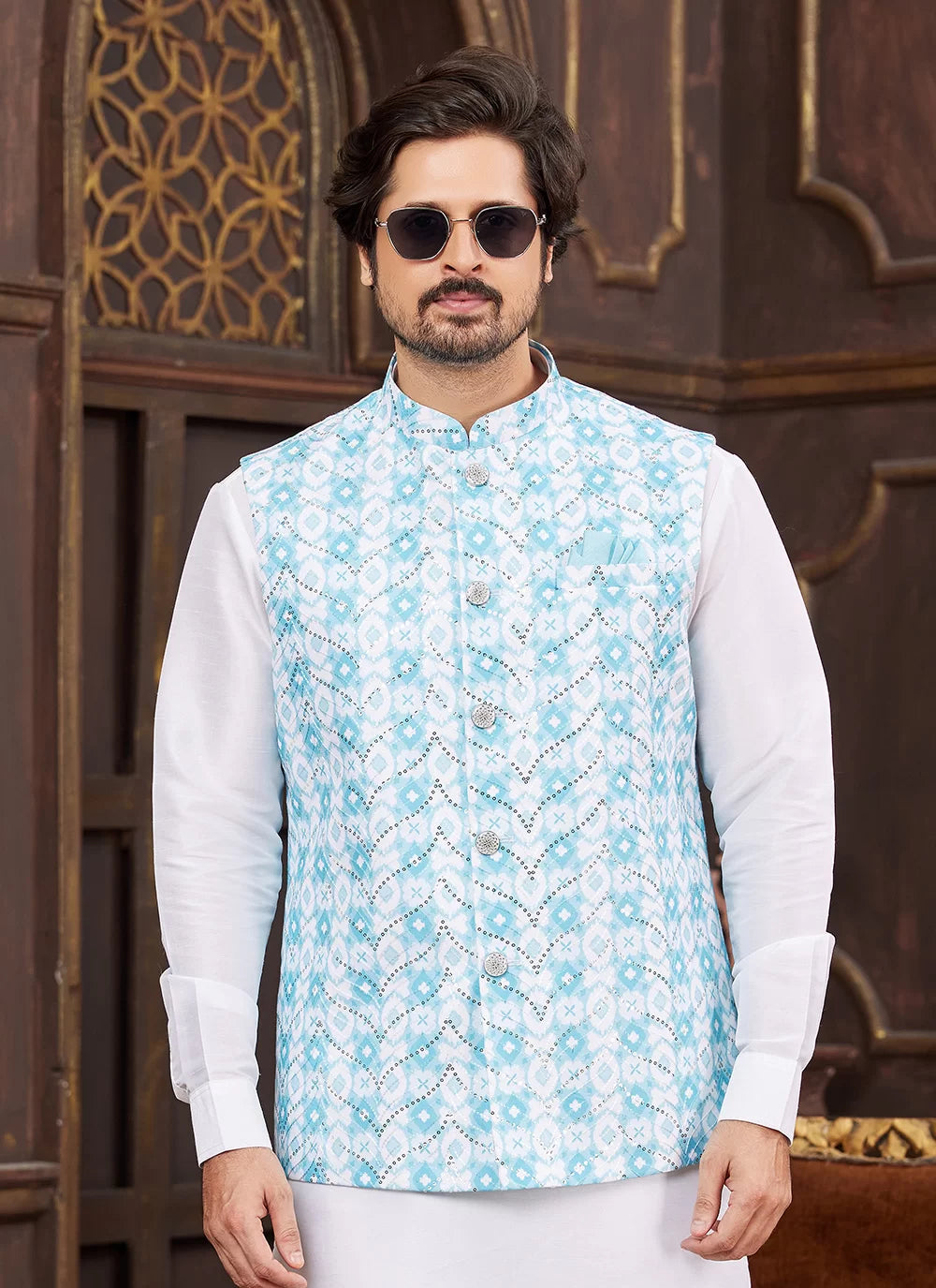 Raivat Ethnic Art Silk Digital Print Work Jacket Set In Sky Blue Colour