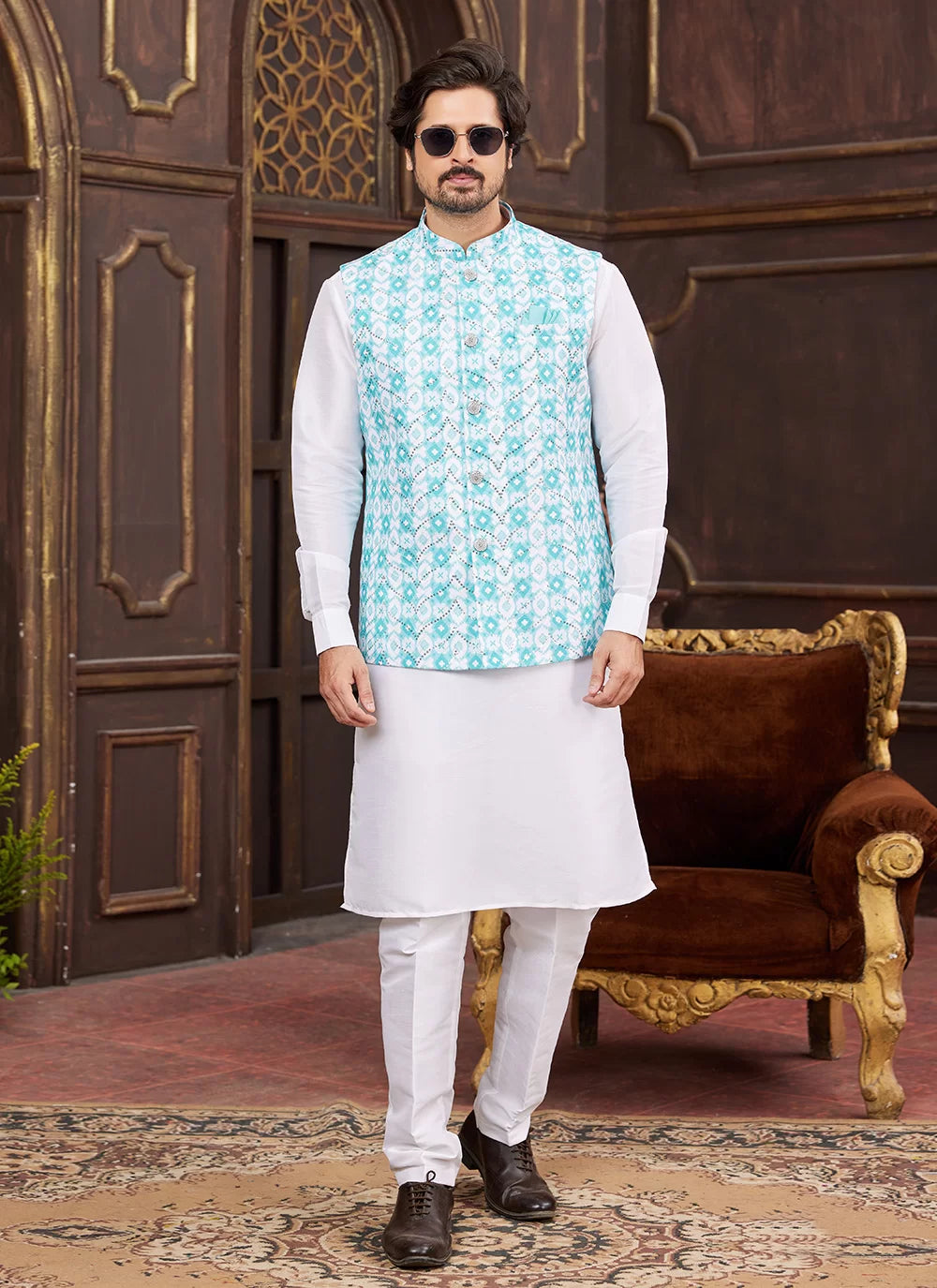 Raivat Ethnic Art Silk Digital Print Work Jacket Set In Sky Blue Colour