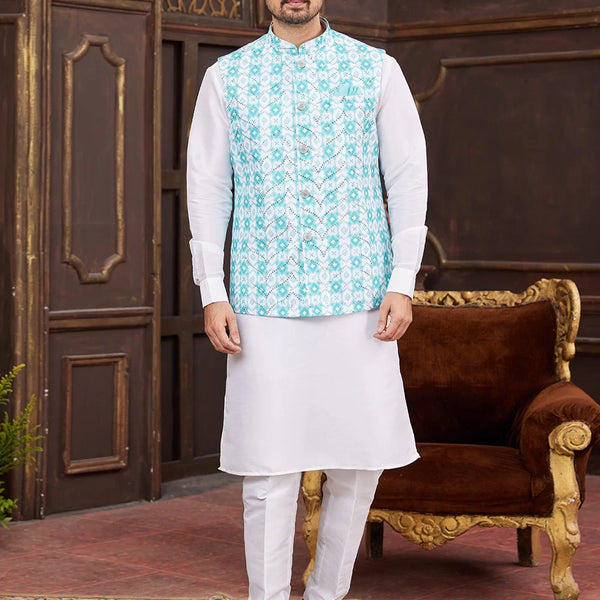 Raivat Ethnic Art Silk Digital Print Work Jacket Set In Sky Blue Colour