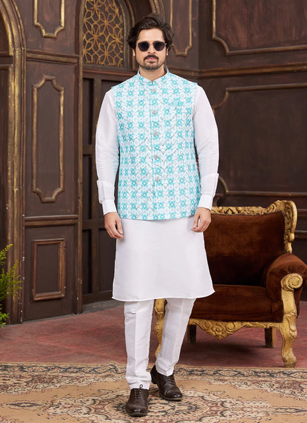 Raivat Ethnic Art Silk Digital Print Work Jacket Set In Sky Blue Colour