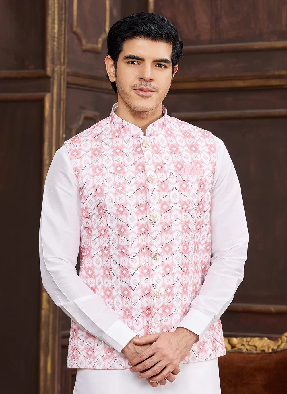 Raivat Ethnic Art Silk Digital Print Work Jacket Set In Pink Colour