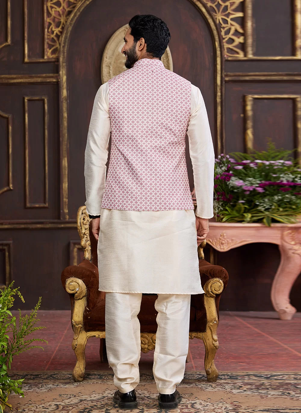 Raivat Ethnic Art Silk Digital Print Work Jacket Set In Pink and Beige Colour