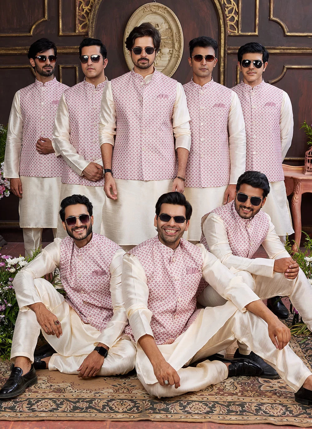 Raivat Ethnic Art Silk Digital Print Work Jacket Set In Pink and Beige Colour