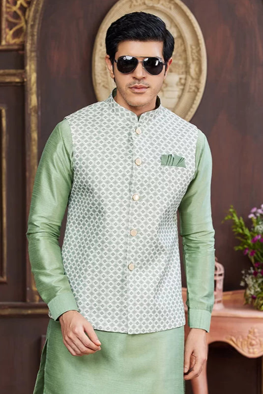 Raivat Ethnic Art Silk Digital Print Work Jacket Set In Light Green Colour