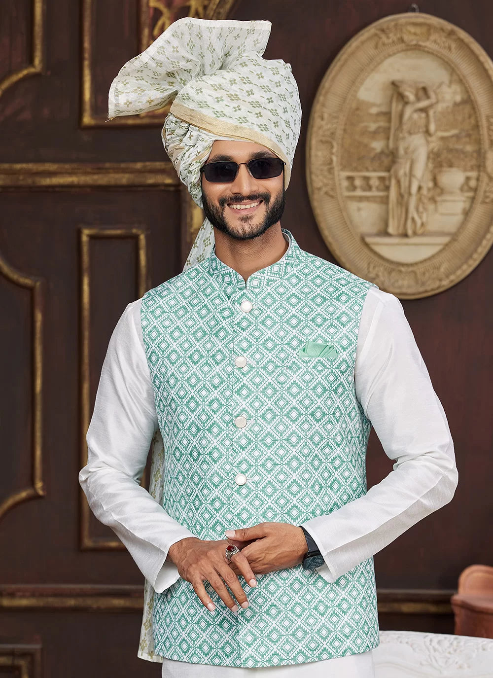 Raivat Ethnic Art Silk Digital Print Work Jacket Set In Sea Green Colour