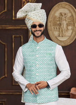 Thumbnail for Raivat Ethnic Art Silk Digital Print Work Jacket Set In Sea Green Colour