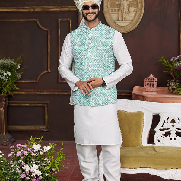 Raivat Ethnic Art Silk Digital Print Work Jacket Set In Sea Green Colour