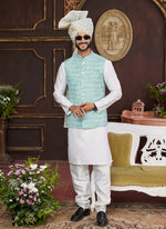 Thumbnail for Raivat Ethnic Art Silk Digital Print Work Jacket Set In Sea Green Colour