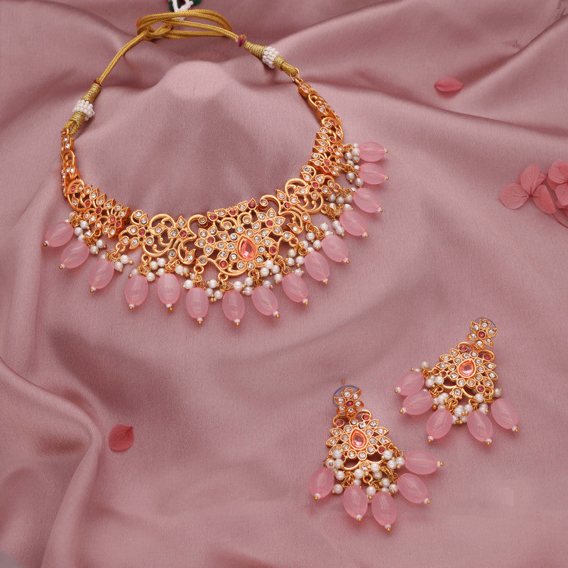 Tehzeeb Creations Gold-Polished Baby Pink Colour Necklace With Stud - Distacart