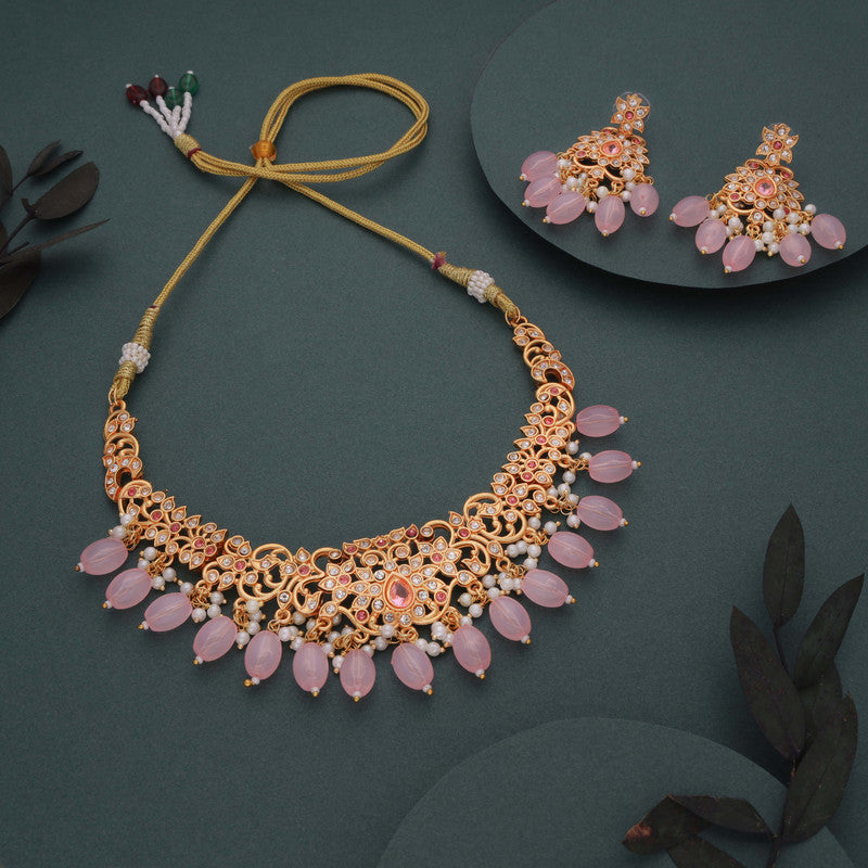 Tehzeeb Creations Gold-Polished Baby Pink Colour Necklace With Stud - Distacart