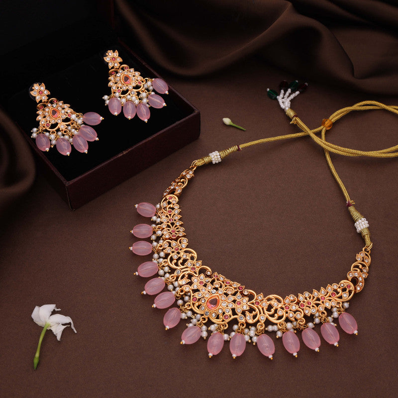 Tehzeeb Creations Gold-Polished Baby Pink Colour Necklace With Stud - Distacart