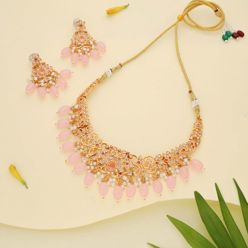 Tehzeeb Creations Gold-Polished Baby Pink Colour Necklace With Stud - Distacart