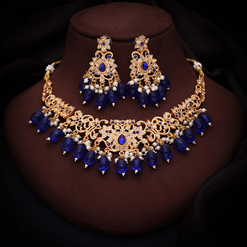 Tehzeeb Creations Gold-Polished Blue Colour Necklace With Stud - Distacart