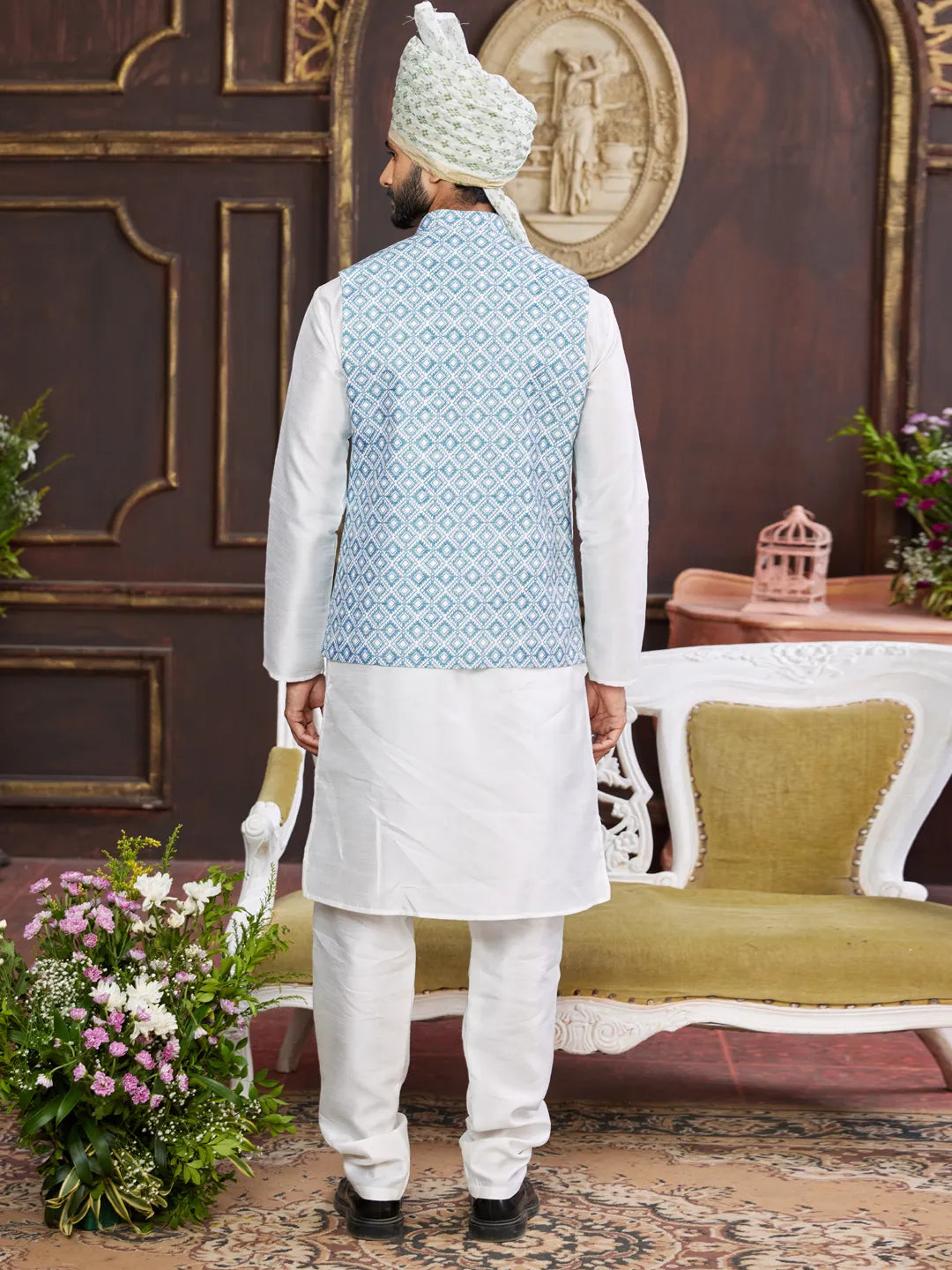 Raivat Ethnic Art Silk Digital Print Work Jacket Set In Sky Blue Colour