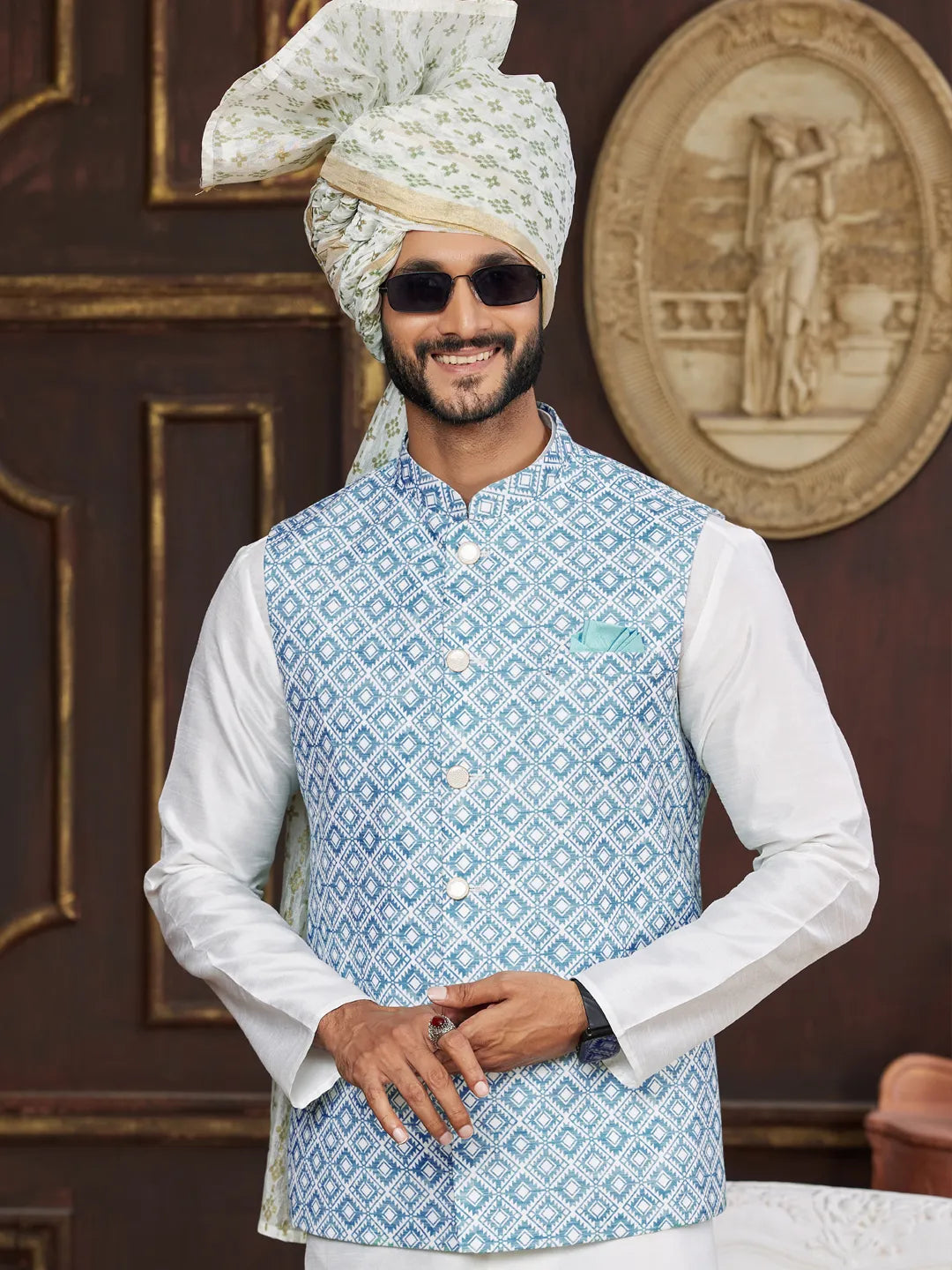 Raivat Ethnic Art Silk Digital Print Work Jacket Set In Sky Blue Colour