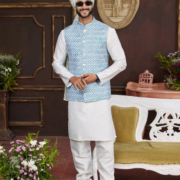 Raivat Ethnic Art Silk Digital Print Work Jacket Set In Sky Blue Colour