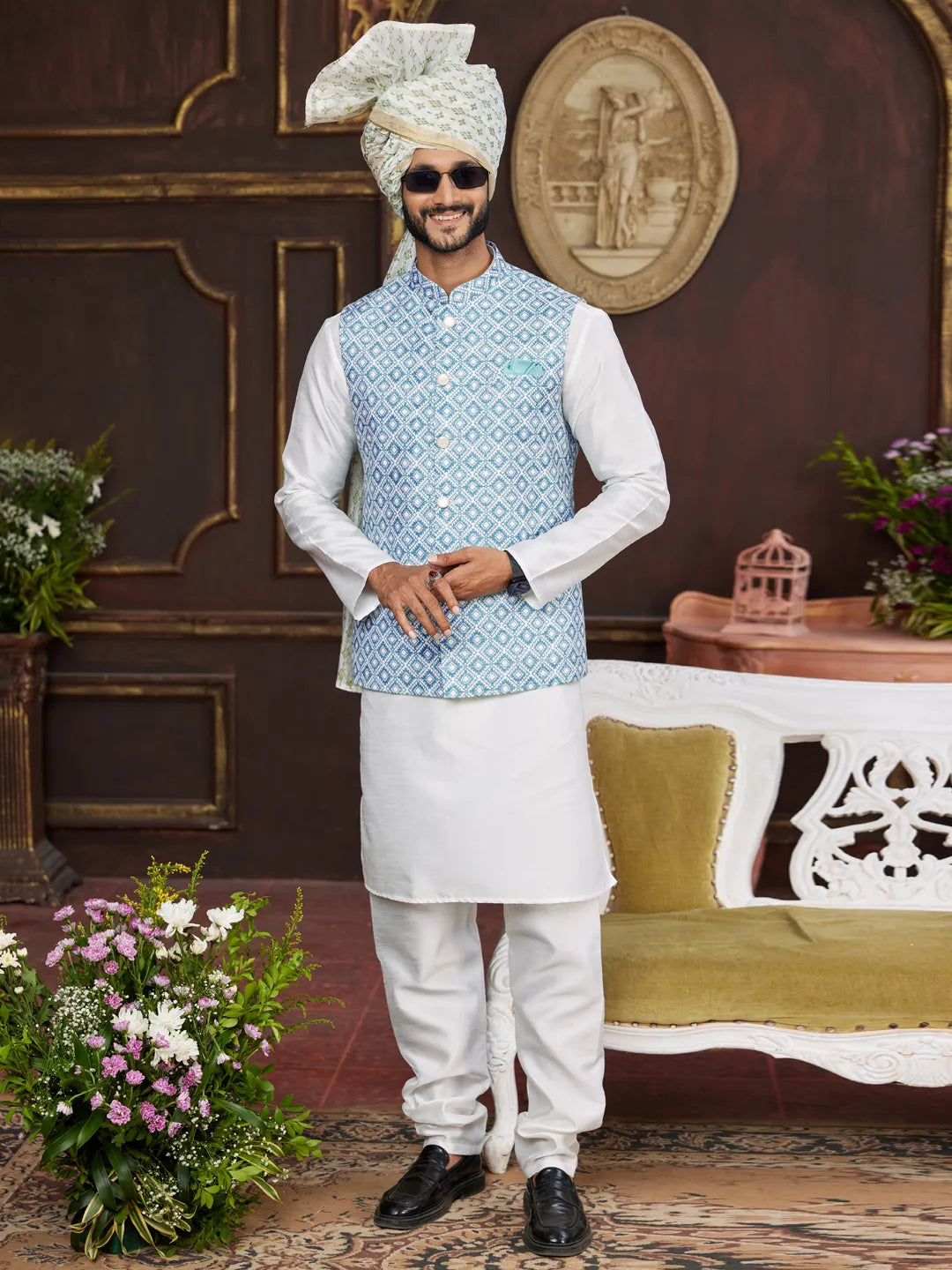 Raivat Ethnic Art Silk Digital Print Work Jacket Set In Sky Blue Colour - Distacart