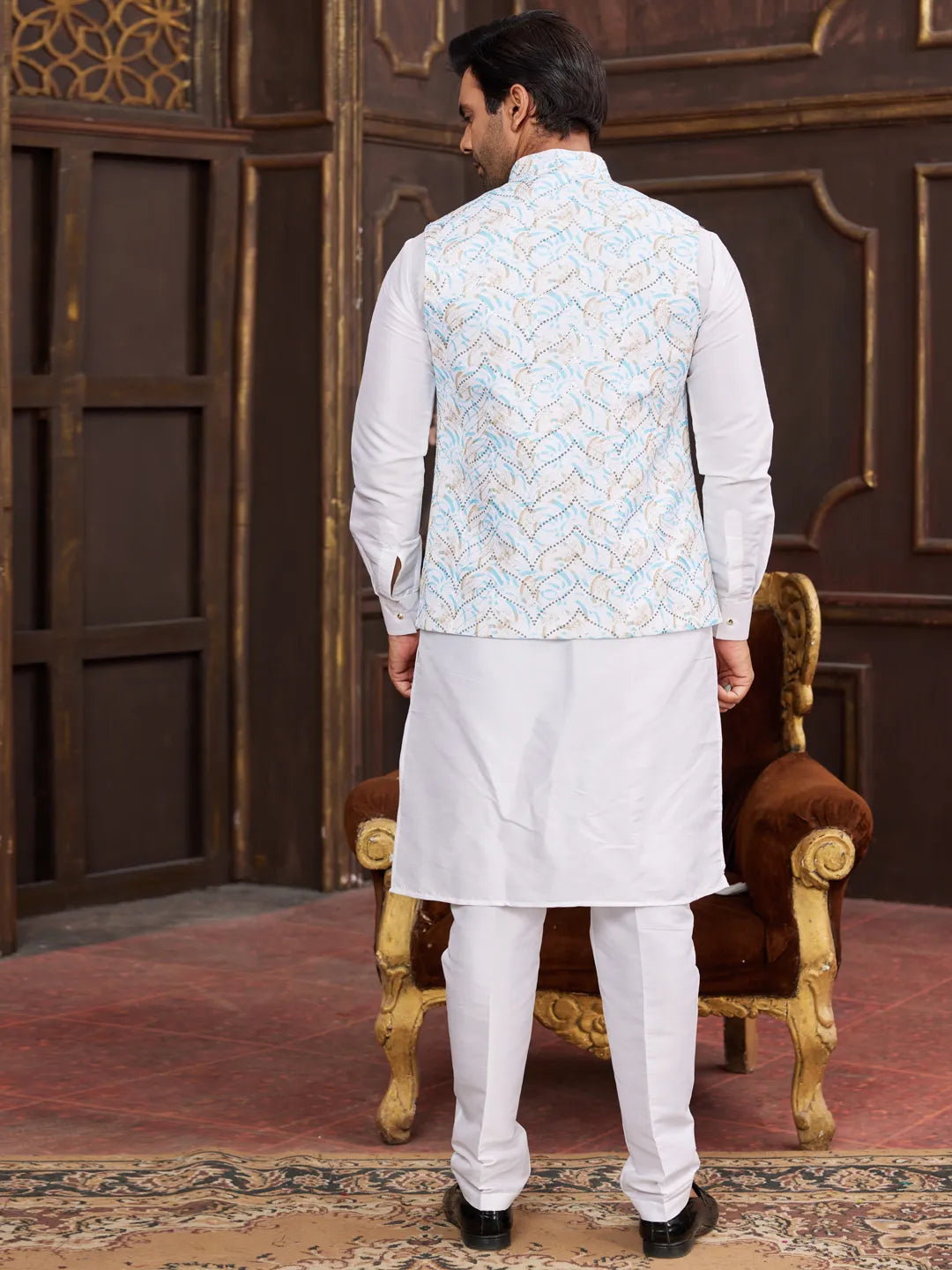 Raivat Ethnic Art Silk Digital Print Work Jacket Set In Sky Blue Colour