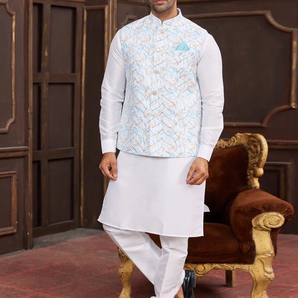Raivat Ethnic Art Silk Digital Print Work Jacket Set In Sky Blue Colour