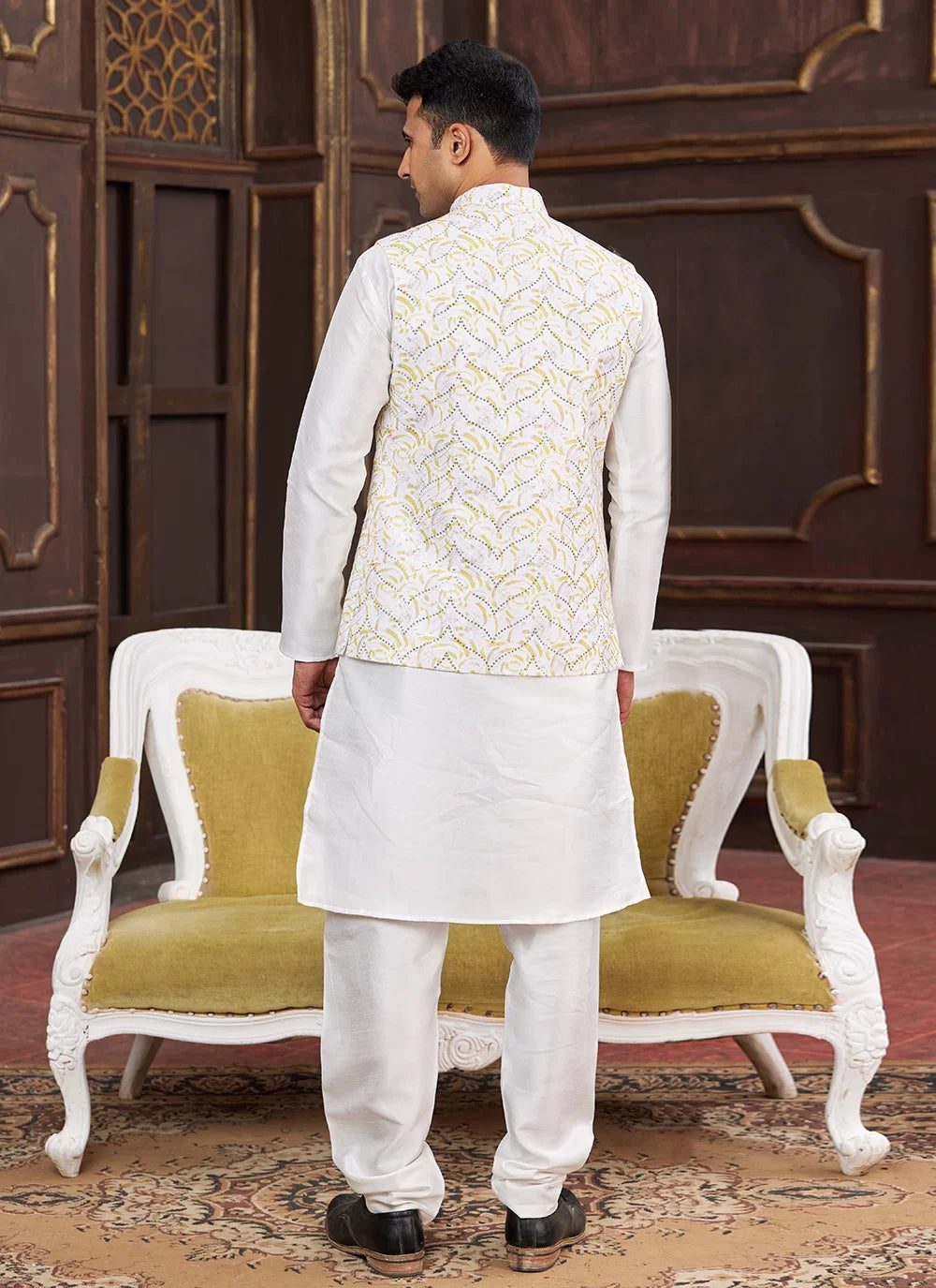 Raivat Ethnic Art Silk Digital Print Work Jacket Set In Yellow Colour