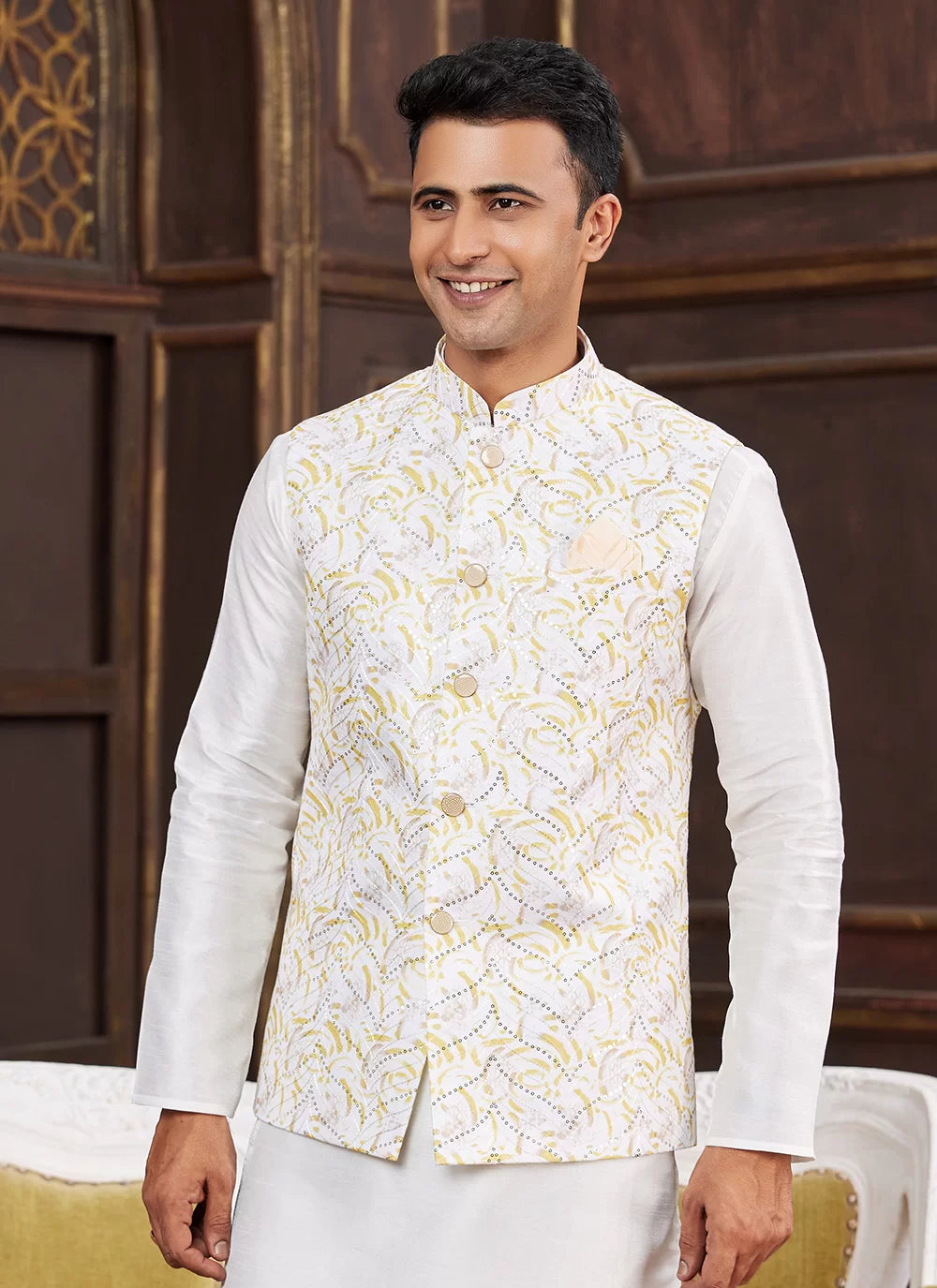 Raivat Ethnic Art Silk Digital Print Work Jacket Set In Yellow Colour - Distacart