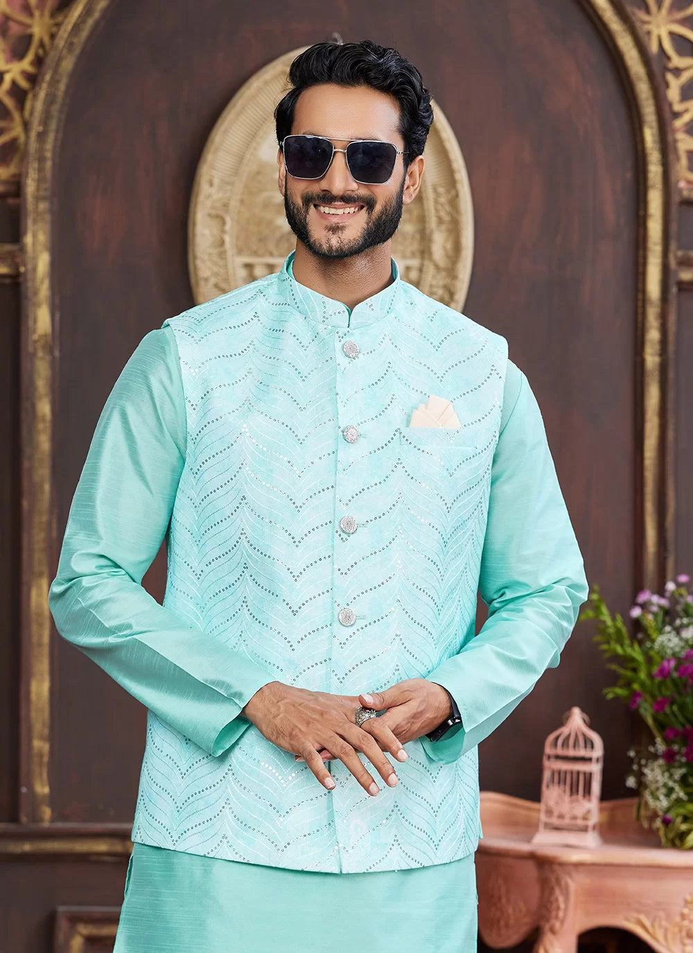 Raivat Ethnic Art Silk Digital Print Work Jacket Set In Green Colour