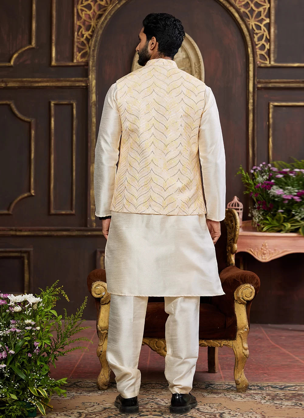 Raivat Ethnic Art Silk Digital Print Work Jacket Set In Light Yellow Colour