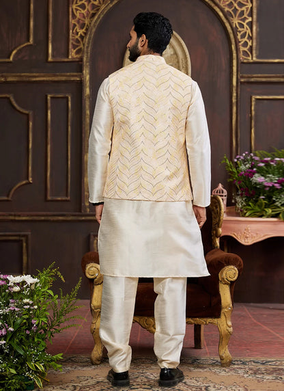 Raivat Ethnic Art Silk Digital Print Work Jacket Set In Light Yellow Colour - Distacart