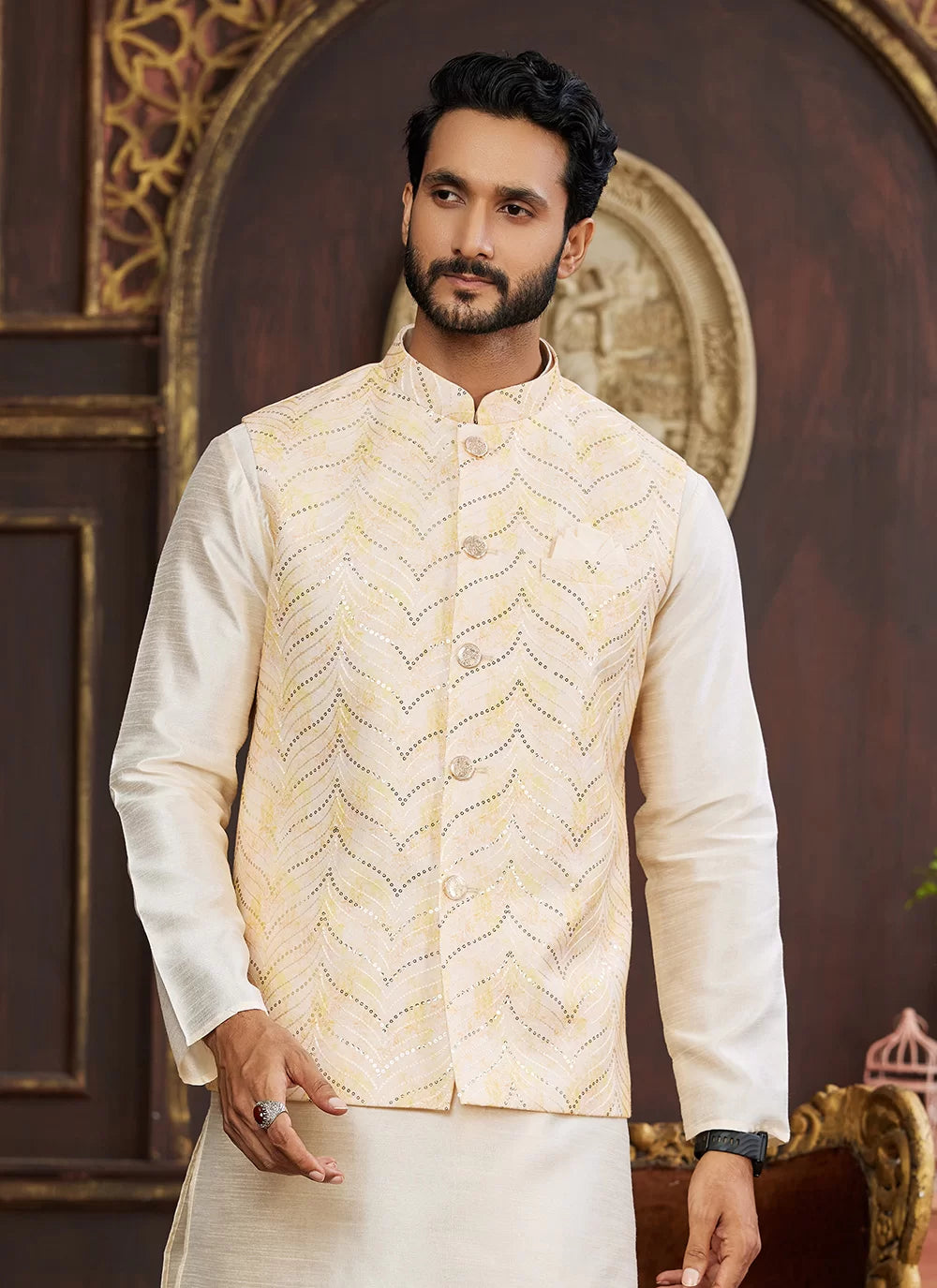 Raivat Ethnic Art Silk Digital Print Work Jacket Set In Light Yellow Colour - Distacart