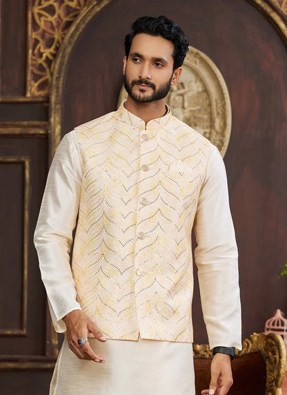 Raivat Ethnic Art Silk Digital Print Work Jacket Set In Light Yellow Colour - Distacart