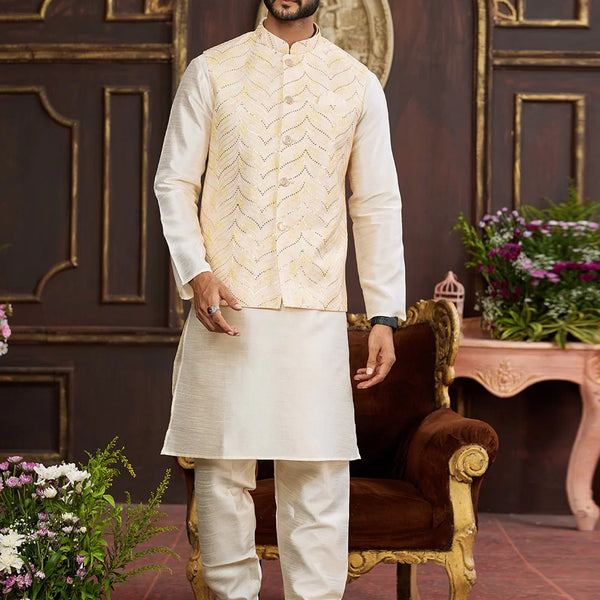 Raivat Ethnic Art Silk Digital Print Work Jacket Set In Light Yellow Colour