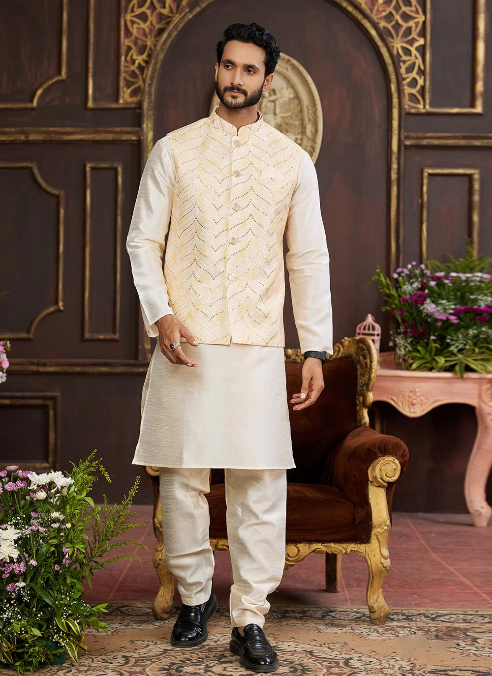 Raivat Ethnic Art Silk Digital Print Work Jacket Set In Light Yellow Colour - Distacart
