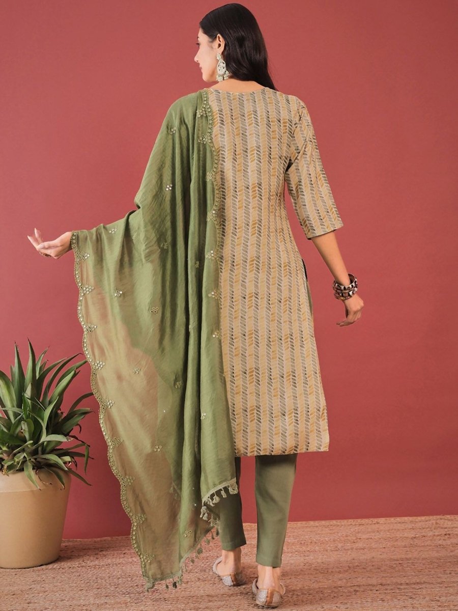 Anouk Ethnic Motifs Printed Round Neck Aari Work Kurta with Trousers & Dupatta