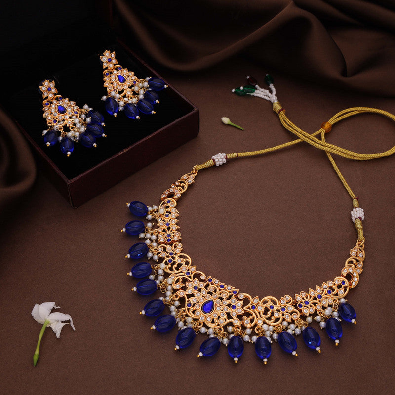 Tehzeeb Creations Gold-Polished Blue Colour Necklace With Stud - Distacart