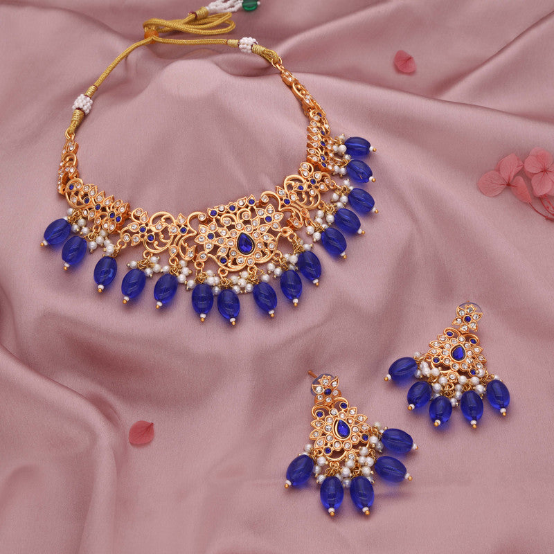 Tehzeeb Creations Gold-Polished Blue Colour Necklace With Stud - Distacart