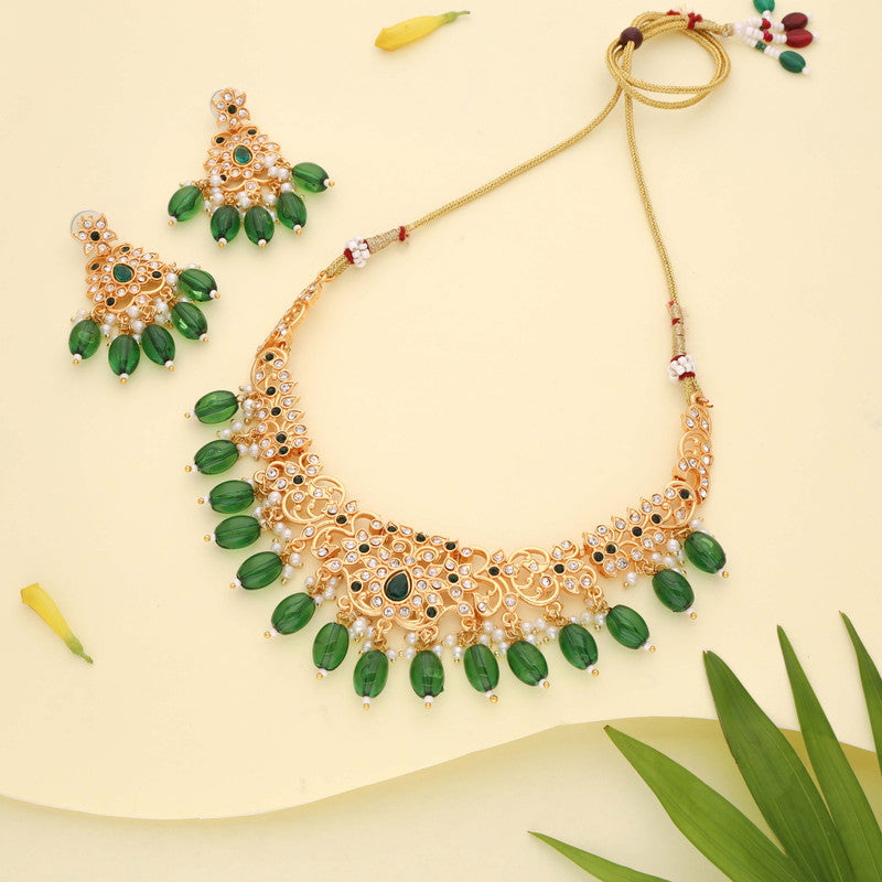 Tehzeeb Creations Gold-Polished Green Colour Necklace With Stud - Distacart