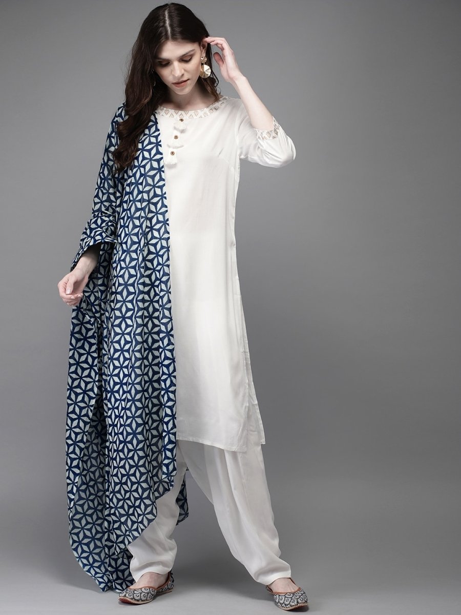 Anouk Women White & Blue Solid Kurta with Salwar & Dupatta - Distacart