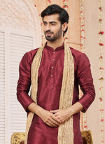 Thumbnail for Raivat Ethnic Maroon Colour Art Silk Kurta Pajama With Matching Dupatta
