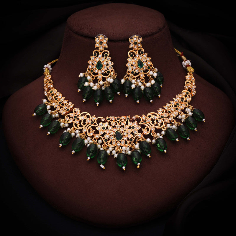 Tehzeeb Creations Gold-Polished Green Colour Necklace With Stud - Distacart