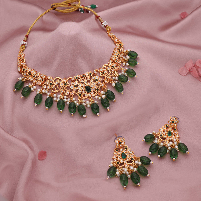 Tehzeeb Creations Gold-Polished Green Colour Necklace With Stud - Distacart