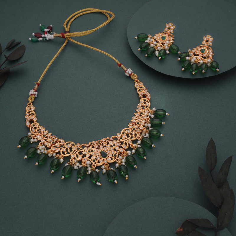 Tehzeeb Creations Gold-Polished Green Colour Necklace With Stud - Distacart